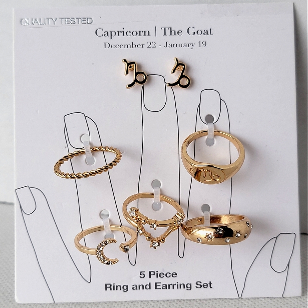 Capricorn Zodiac 5 Piece Ring and Earring Set